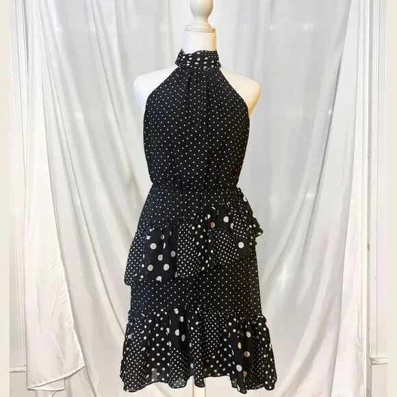 Betsey Johnson Black & White Polka Dot Halter Cocktail Dress | Semiformal Whimsy - Picture 1 of 9